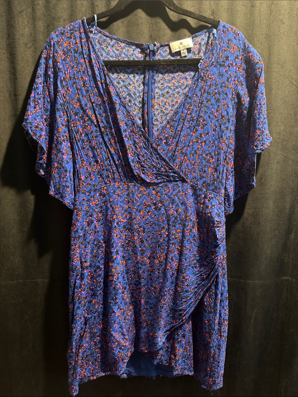 Blue Floral Wrap-Style Mini Dress Top